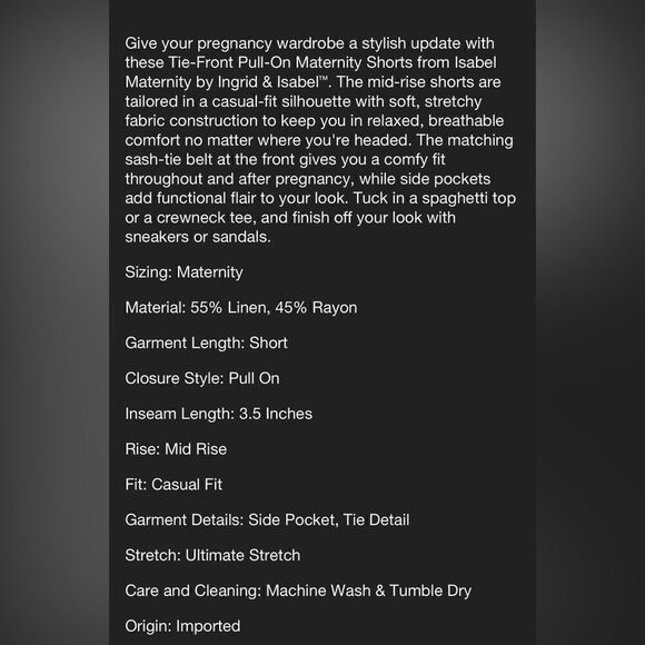 Isabel Maternity Ingred&Isabel Tie Front Pull on Maternity Shorts NWT M, L, XXL - Picture 10 of 16